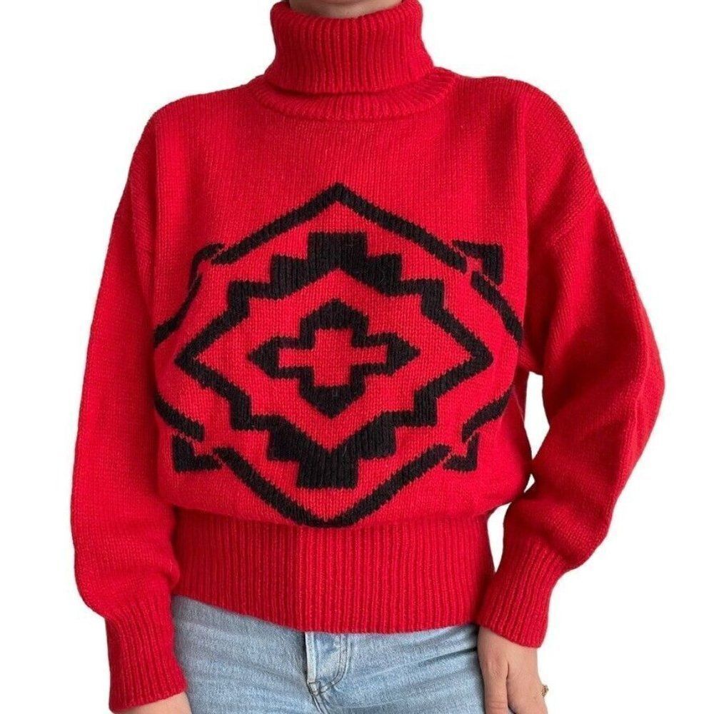 Vintage 80s Boundary Waters Red Wool Blend Geometric Retro Turtleneck Sweater